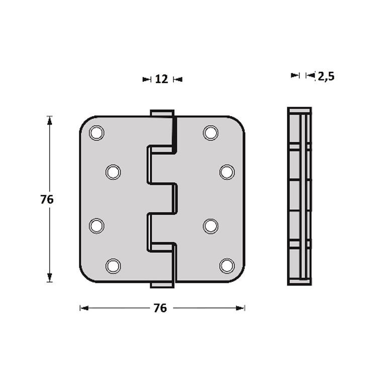 D4E Kogellagerscharnier 76X76x2,5mm afgerond, R10MM RVS Geborsteld 