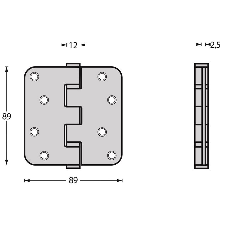 D4E Kogellagerscharnier 89x89x2,5mm afgerond r10mm rvs geborsteld